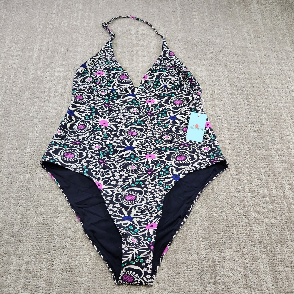 Marine Layer Plunge One Piece Swimsuit Large Black Floral Resort NEW Beach